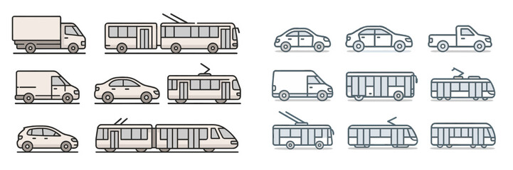 Collection of outline drawings showcasing various types of vehicles including trucks, buses, cars, and trams in urban settings