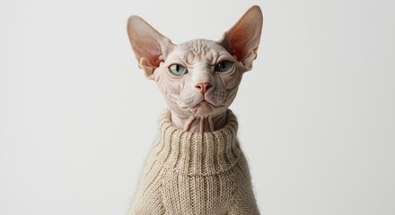 Sphynx cat with sweater in studio posing for camera portrait on white background