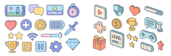 Colorful gaming icons showcasing health, achievements, and progress indicators in a playful design for mobile applications or video games