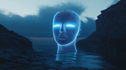 Surreal digital portrait of a glowing head emerging from dark water near cliffs