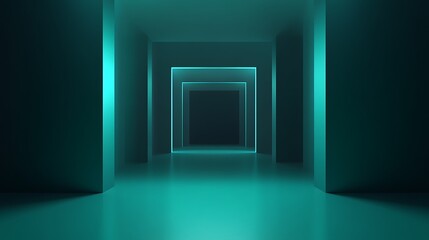 Abstract teal illuminated geometric corridor illusion, futuristic perspective and clean design