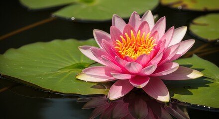 Pink Lotus Blossom Beauty Amidst Lily Pads on Pond
