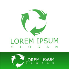 Green circular logo with three rotating arrows forming a recycling symbol, representing sustainability, eco-friendliness, and environmental awareness