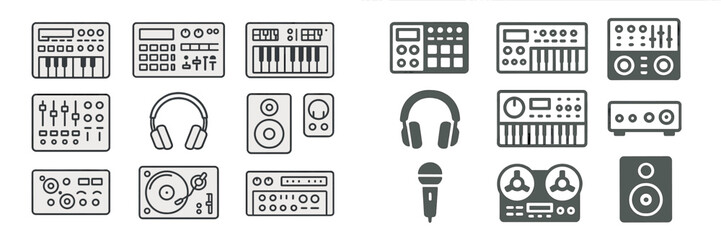 Music production equipment icons including keyboards, mixers, microphones, and headphones arranged in a grid format