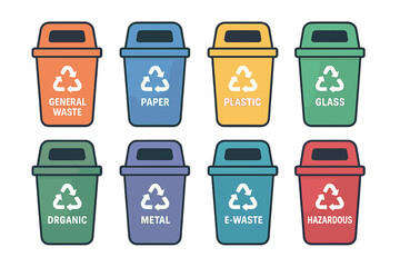 Colorful recycling bins for different waste types in a modern urban setting