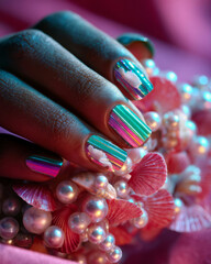 Close-up of iridescent mermaid manicure with seashells and pearls on dark skin