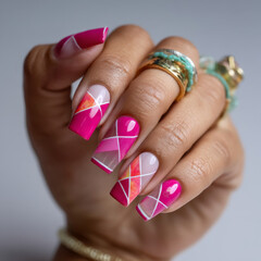 Bright geometric nail art in pink tones with negative space design