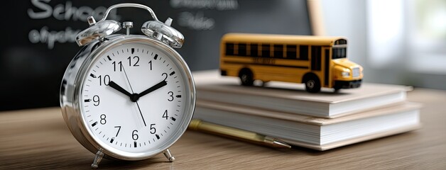 A school bus toy and a vintage alarm clock sit on a white desk surrounded by stationery, ready for the back to school season, with a blackboard in the background.