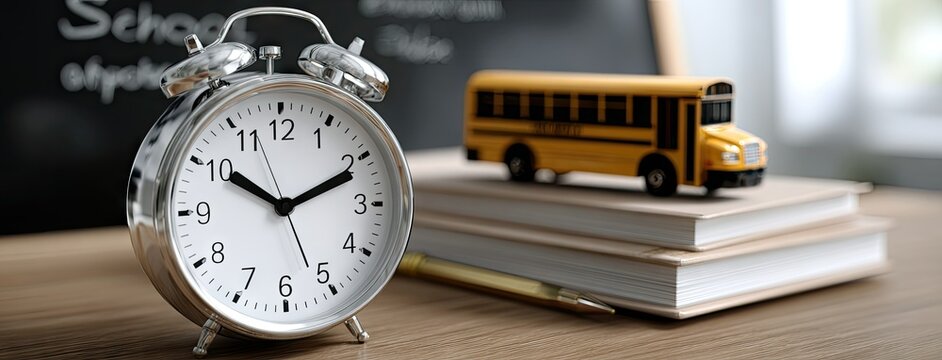 A school bus toy and a vintage alarm clock sit on a white desk surrounded by stationery, ready for the back to school season, with a blackboard in the background.