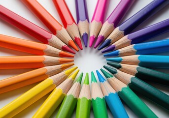 Naklejka premium Vibrant Color Pencil Spectrum. A kaleidoscopic array of drawing tools forms a perfect round display. Symbolizes harmony, artistic expression, and boundless educational potential.