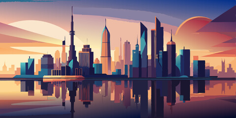 Fototapeta premium Sunset Reflection Cityscape – Vector Urban Scene