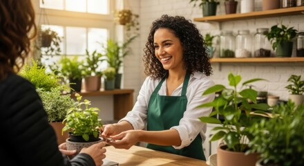 Smiling Woman Selling Green Plants at Florist Shop
