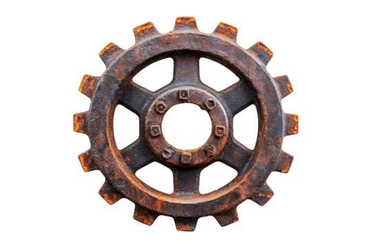 Rusty old cog wheel isolated on transparent background.
