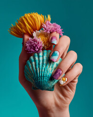 Summer manicure with mix of geometric patterns and flower accents
