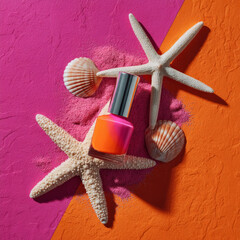 Gradient orange and fuchsia nail polish bottle on beach-inspired background with shells