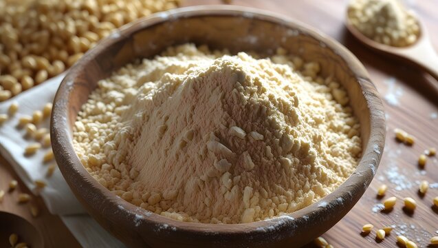 Browntop Millet Flour with Wooden Spoon and Scattered Grains
