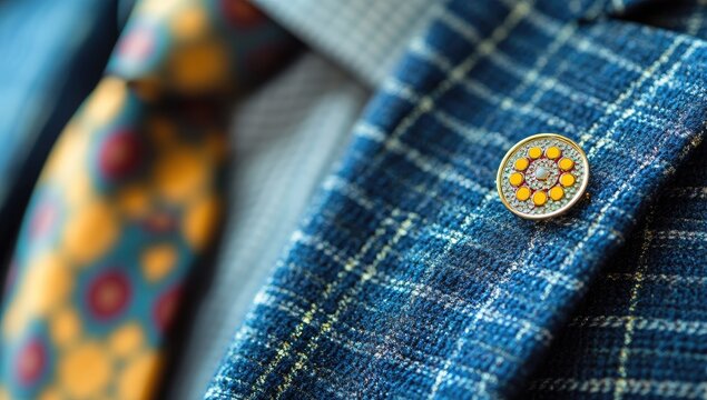 Close-up of a gold-toned lapel pin on a navy-blue plaid blazer, with a patterned tie in the background