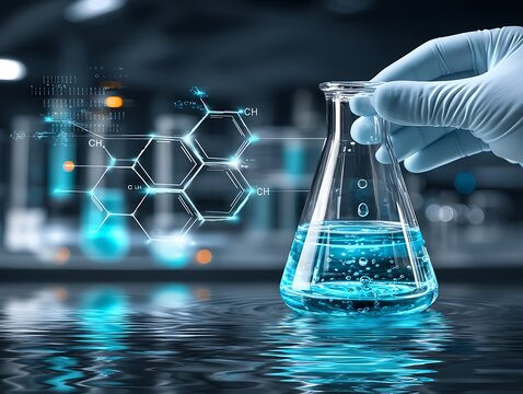 Scientist holding flask with liquid - Powered by Adobe