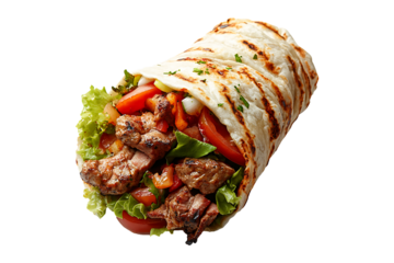 Shawarma durum diner kebab with meat and salad isolated on transparent background.