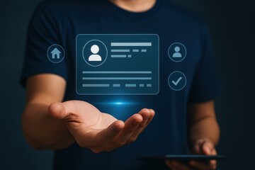 Hands Holding Digital Card with User Information and Interface Icons