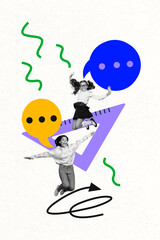 Vertical image art collage of two happy schoolgirls classmates jump together bubble communication...