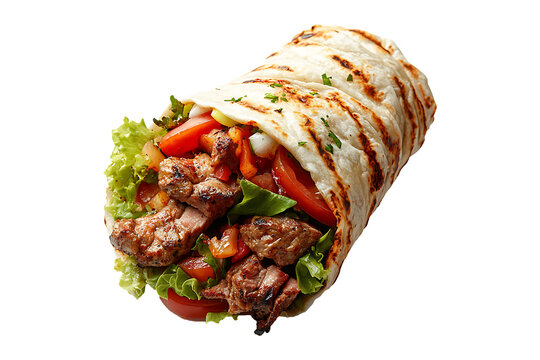 Shawarma durum diner kebab with meat and salad isolated on transparent background.