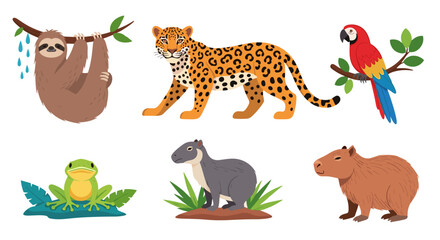Naklejka premium Illustration of a sloth jaguar parrot frog tapir and capybara animals set