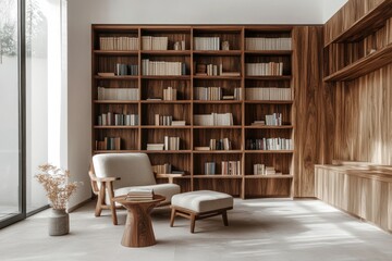Modern wooden library with beige armchair and ottoman