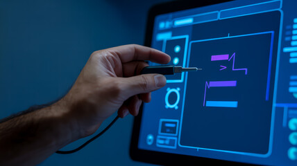 Analyzing data with oscilloscope probe on screen for signal analysis and circuit troubleshooting tasks