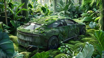 Aerial view of a car in a green forest. Eco friendly transport. Clean and greenhouse gas free green