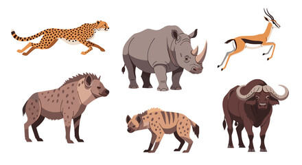 Fototapeta premium Illustration of a cheetah, rhino, gazelle, two hyenas, and a cape buffalo