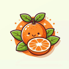 Cartoon orange with a smile sliced orange foreground green leaves orange backdrop kawaii style