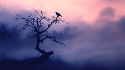 A solitary crow perched atop a withered tree in a misty landscape.