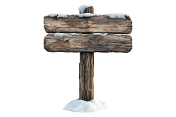 snowy wooden signboard isolated on transparent background.