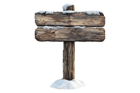 snowy wooden signboard isolated on transparent background.