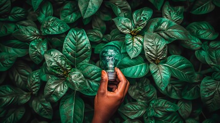 ESG Banners   Environment, Society, and Governance: Hand holding a light bulb with a renewable