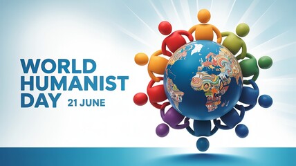 World Humanist Day, Diverse figures holding globe representing global unity and humanism celebration.