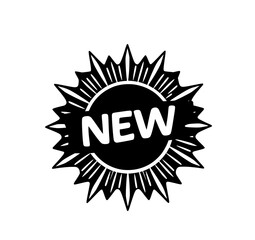 New Product Announcement: A bold, black and white line art illustration featuring a sunburst design with the word 'NEW' prominently displayed, perfect for commercial use.