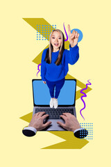 3d poster image full pop art collage of happy businesswoman businessman hold laptop freelancer occupation manager job workload