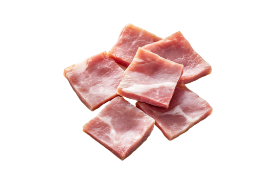 Squared slices of lean pork ham isolated on transparent background.