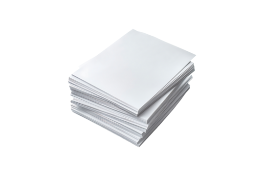 Stack of blank white paper sheets isolated on transparent background.