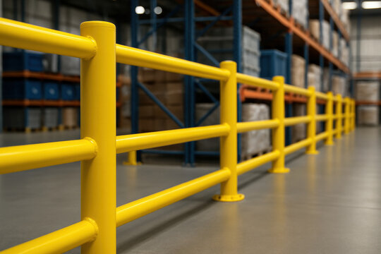 Bright yellow safety barrier separating warehouse storage area with industrial shelving and organized containers in distribution center