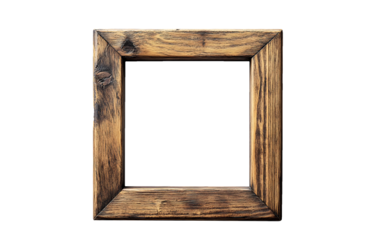 Square wood frame border isolated on transparent background.