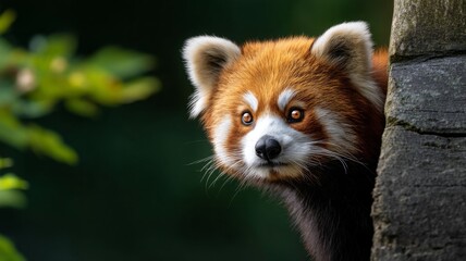 Fototapeta premium Curious Red Panda Peeking from Behind a Tree in a Natural Forest Setting with Soft Focus Background