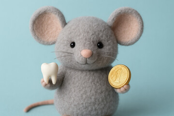 Adorable grey mouse holding a white tooth and gold coin, symbolizing childhood traditions and whimsical rewards on blue background