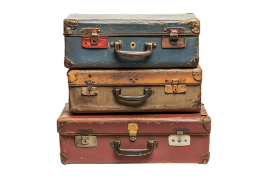 Stack of Old suitcases isolated on transparent background.