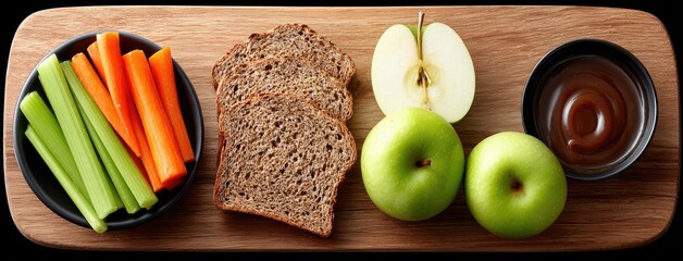 Sandwich loaded with sliced vegetables and fruits sits on a wooden board next to crispy sweet potato sticks and fresh apples, showcasing a vibrant, healthy meal.