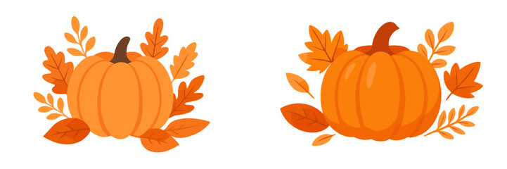 Decorative pumpkins with autumn leaves arranged for seasonal celebration in a vibrant color palette
