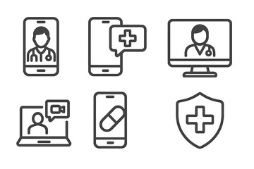 Digital healthcare symbols representing telemedicine and online consultations with medical professionals