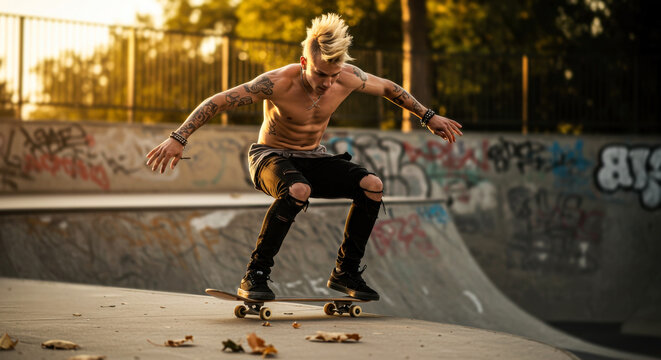 Handsome skater jumps on skateboard in punk black clothes. Concrete skatepark and greenery in background. Concept of energy - Powered by Adobe